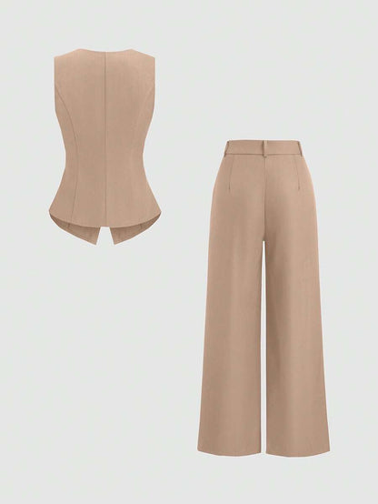 Rhea Two Piece Set Button Vest and Pleated Wide Leg Pants - Camel