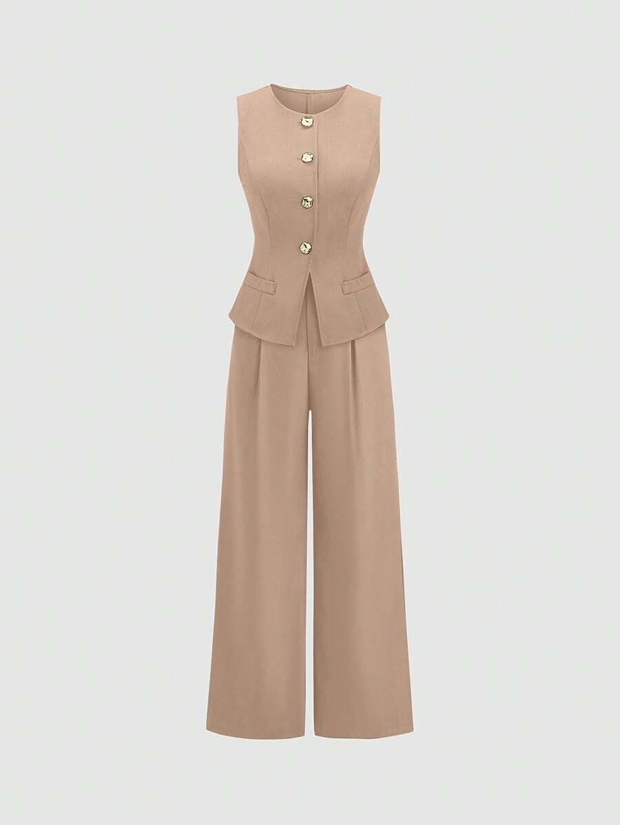 Rhea Two Piece Set Button Vest and Pleated Wide Leg Pants - Camel