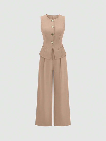 Rhea Two Piece Set Button Vest and Pleated Wide Leg Pants - Camel