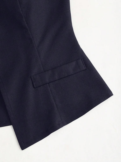 Rhea Two Piece Set Button Vest and Pleated Wide Leg Pants - Navy