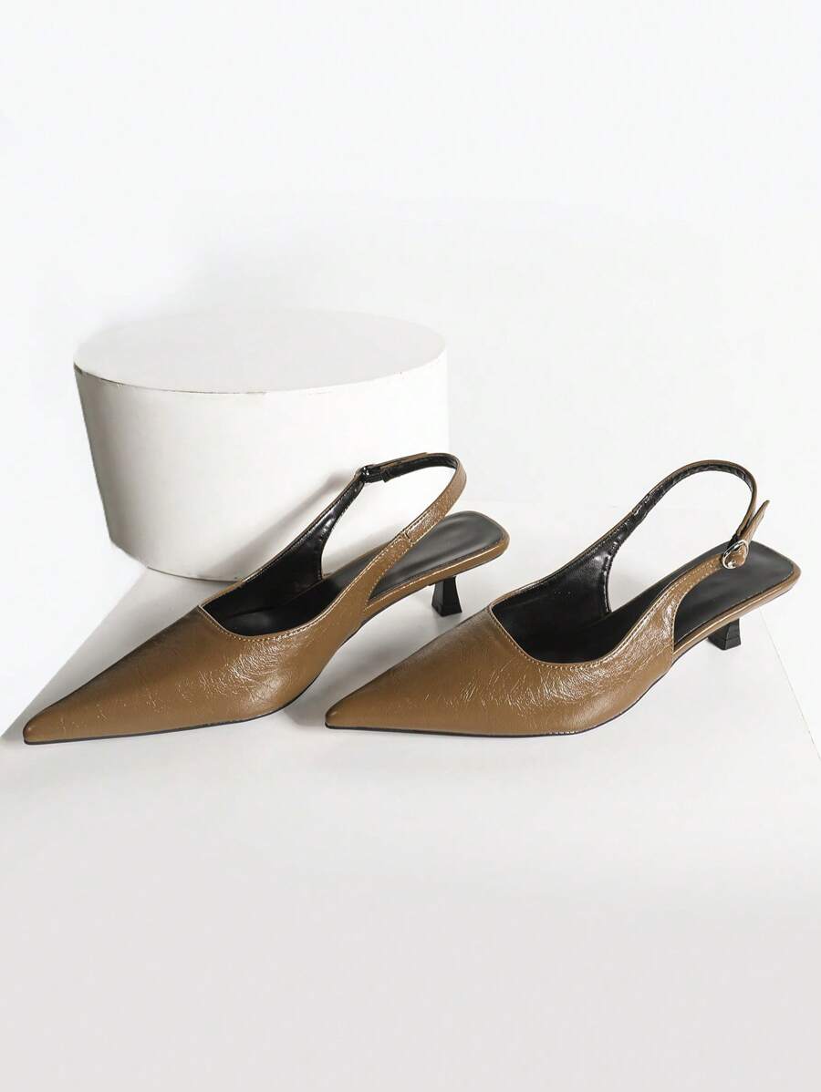 Women's Pointed Toe Slingback Mid Heel Pumps, Glossy Faux Leather Buckle Strap Kitten Heels for Work