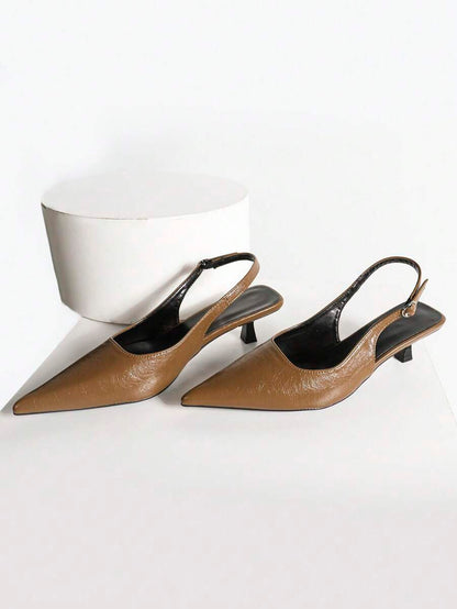 Women's Pointed Toe Slingback Mid Heel Pumps, Glossy Faux Leather Buckle Strap Kitten Heels for Work