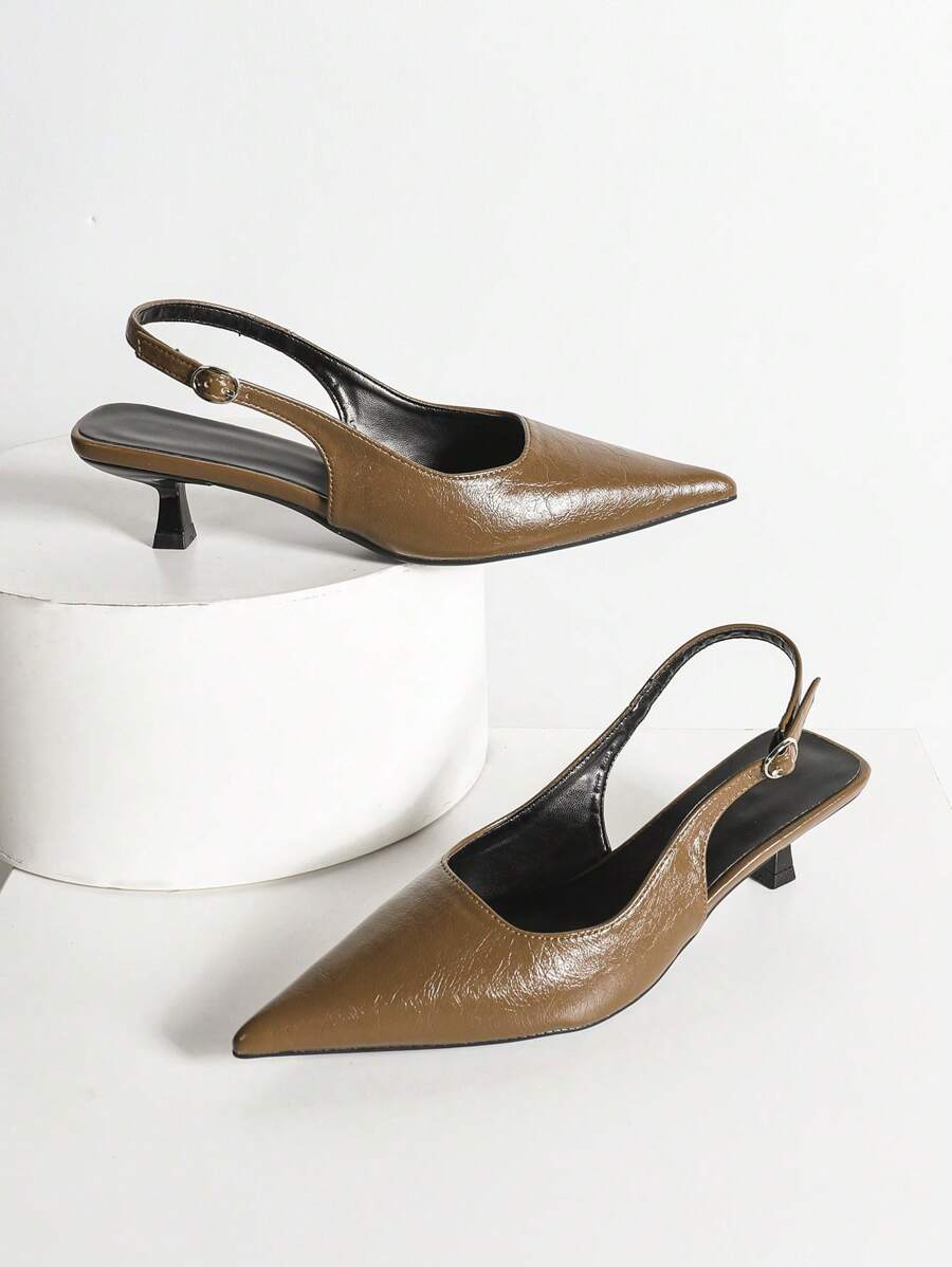 Women's Pointed Toe Slingback Mid Heel Pumps, Glossy Faux Leather Buckle Strap Kitten Heels for Work
