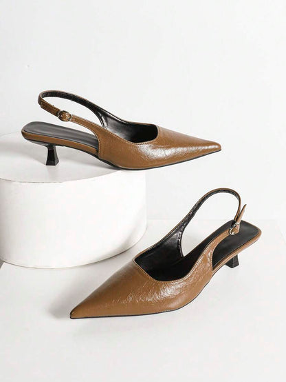 Women's Pointed Toe Slingback Mid Heel Pumps, Glossy Faux Leather Buckle Strap Kitten Heels for Work