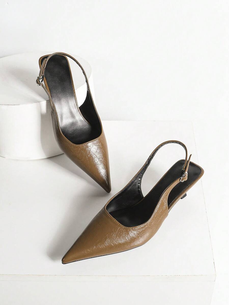 Women's Pointed Toe Slingback Mid Heel Pumps, Glossy Faux Leather Buckle Strap Kitten Heels for Work