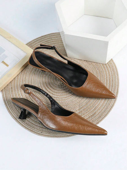Women's Pointed Toe Slingback Mid Heel Pumps, Glossy Faux Leather Buckle Strap Kitten Heels for Work