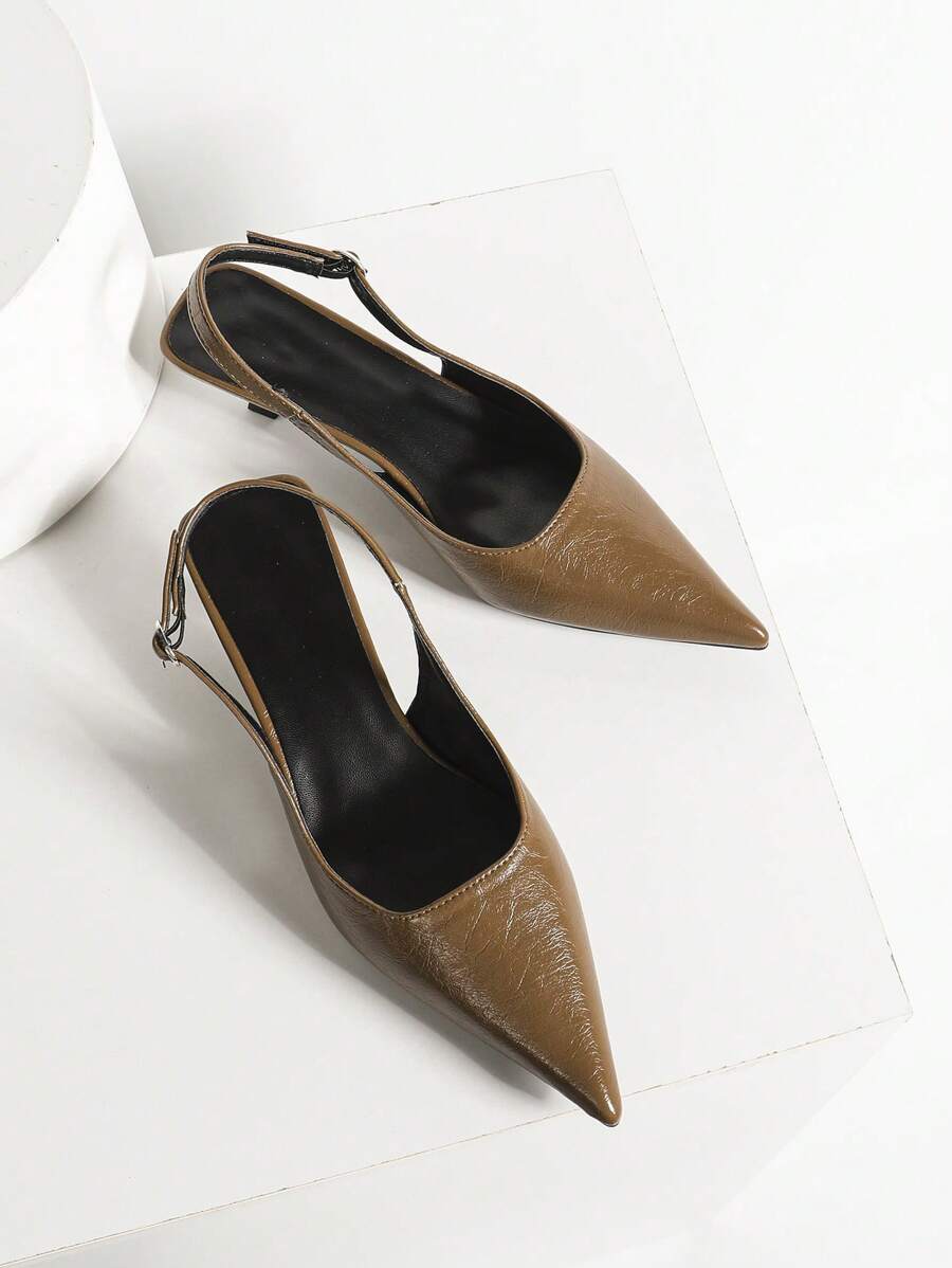 Women's Pointed Toe Slingback Mid Heel Pumps, Glossy Faux Leather Buckle Strap Kitten Heels for Work