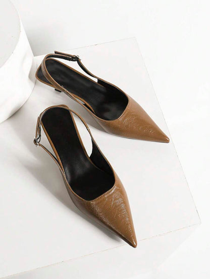 Women's Pointed Toe Slingback Mid Heel Pumps, Glossy Faux Leather Buckle Strap Kitten Heels for Work