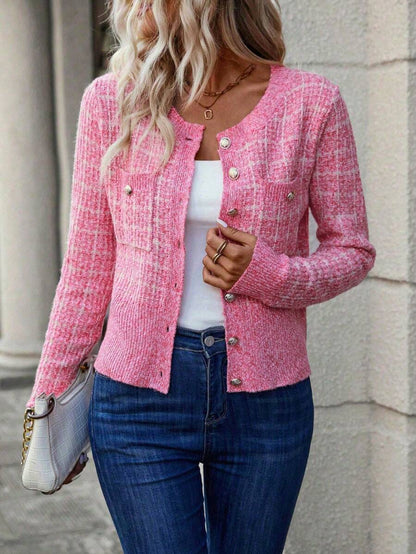 Cheltenham Plaid Tweed Look Cropped Knit Cardigan with Buttons - Hot Pink