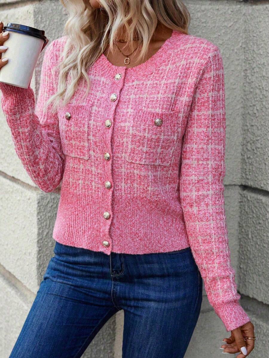 Cheltenham Plaid Tweed Look Cropped Knit Cardigan with Buttons