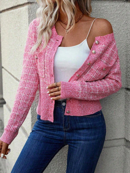 Cheltenham Plaid Tweed Look Cropped Knit Cardigan with Buttons
