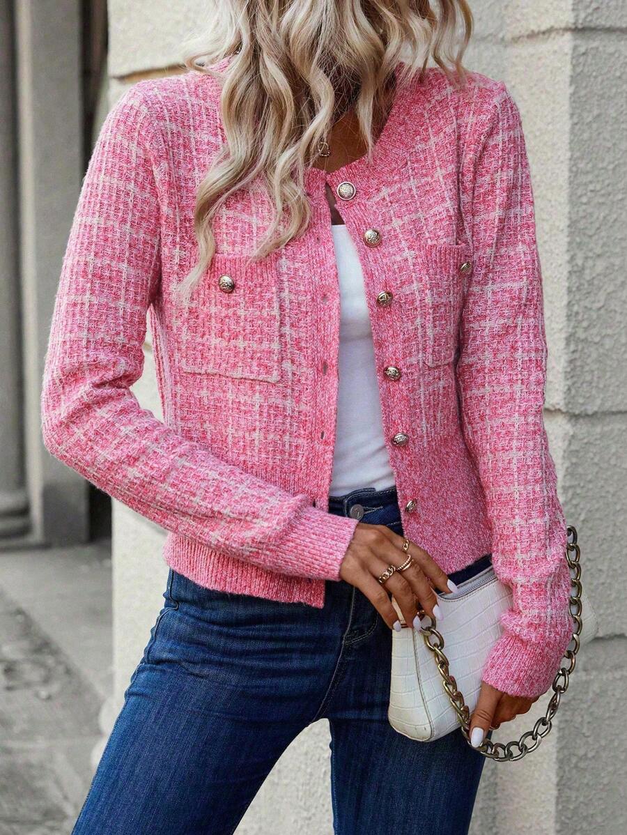 Cheltenham Plaid Tweed Look Cropped Knit Cardigan with Buttons