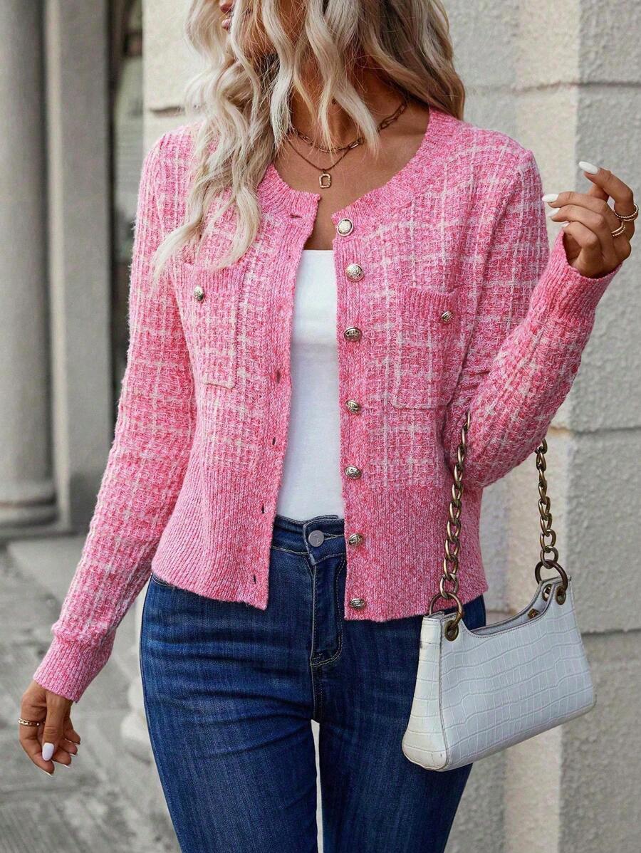 Cheltenham Plaid Tweed Look Cropped Knit Cardigan with Buttons