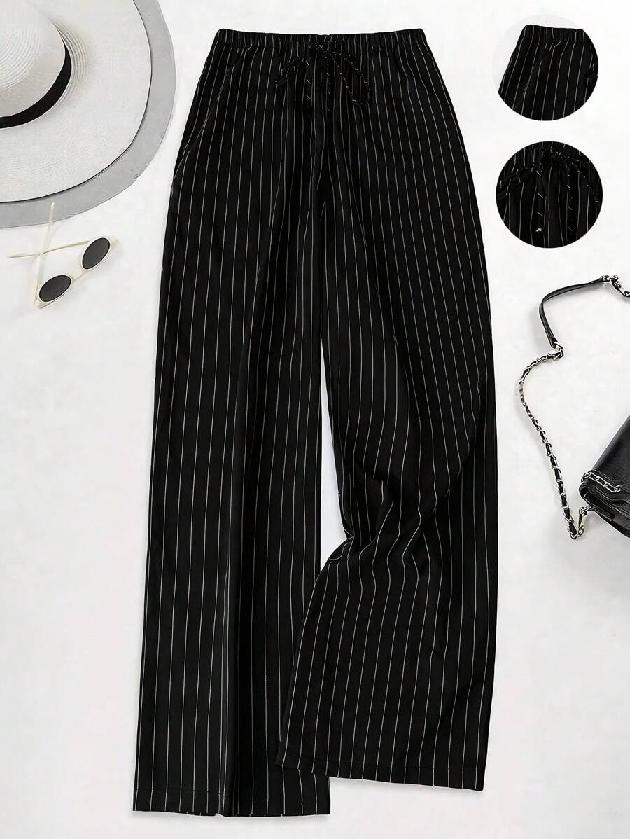 Philippa Pinstripe High-Waist Straight Leg Drawstring Trousers - Black Pinstripe