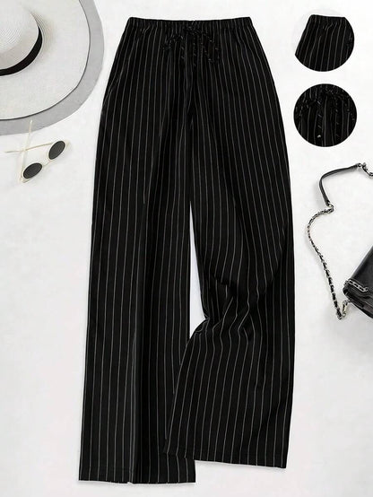 Philippa Pinstripe High-Waist Straight Leg Drawstring Trousers - Black Pinstripe