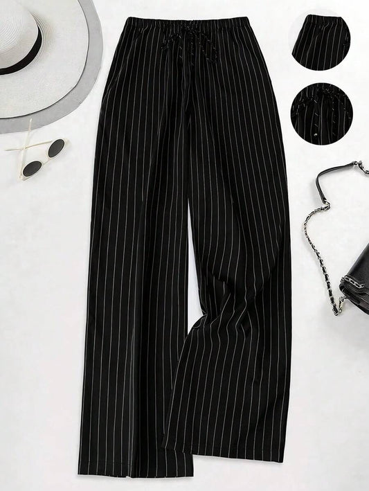 Philippa Pinstripe High-Waist Straight Leg Drawstring Trousers - Black Pinstripe