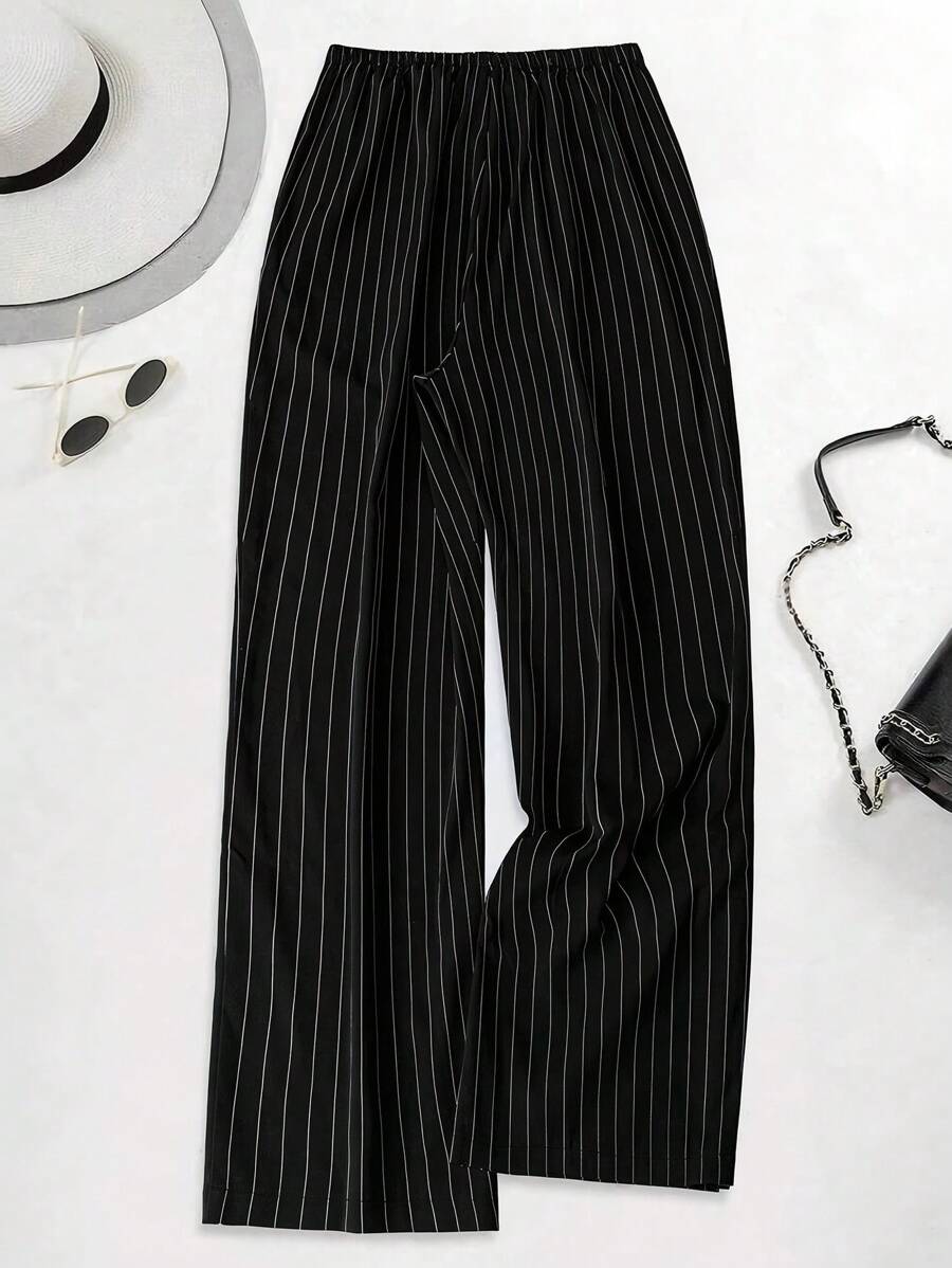 Philippa Pinstripe High-Waist Straight Leg Drawstring Trousers - Black Pinstripe