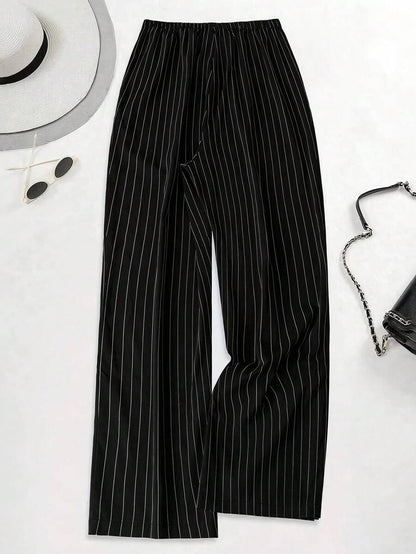 Philippa Pinstripe High-Waist Straight Leg Drawstring Trousers - Black Pinstripe
