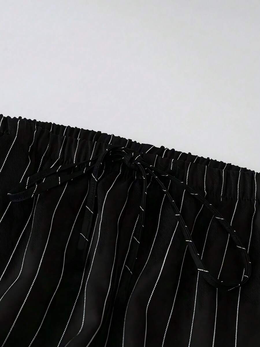 Philippa Pinstripe High-Waist Straight Leg Drawstring Trousers - Black Pinstripe