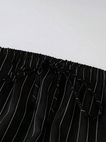 Philippa Pinstripe High-Waist Straight Leg Drawstring Trousers - Black Pinstripe