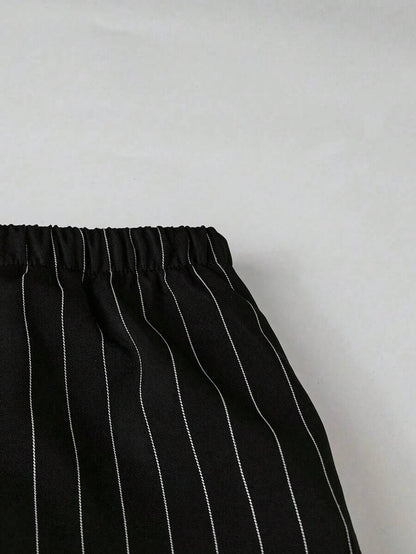 Philippa Pinstripe High-Waist Straight Leg Drawstring Trousers - Black Pinstripe