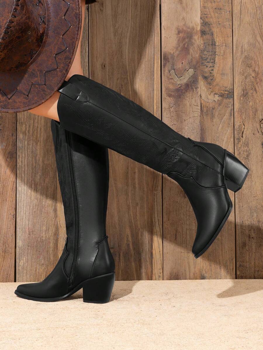 Dream Pairs Women's Embroidered Western Cowgirl Cowboy Boots Pull On Zipper Chunky Heel Pointed Toe Party Knee High Boots Mensa