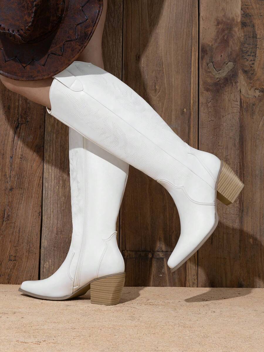 Dream Pairs Women's Embroidered Western Cowgirl Cowboy Boots Pull On Zipper Chunky Heel Pointed Toe Party Knee High Boots Mensa