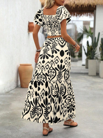Breezaya 2pcs Women Holiday Plant Print Ruffle Sleeve Shirt & Skirt Set Mensa