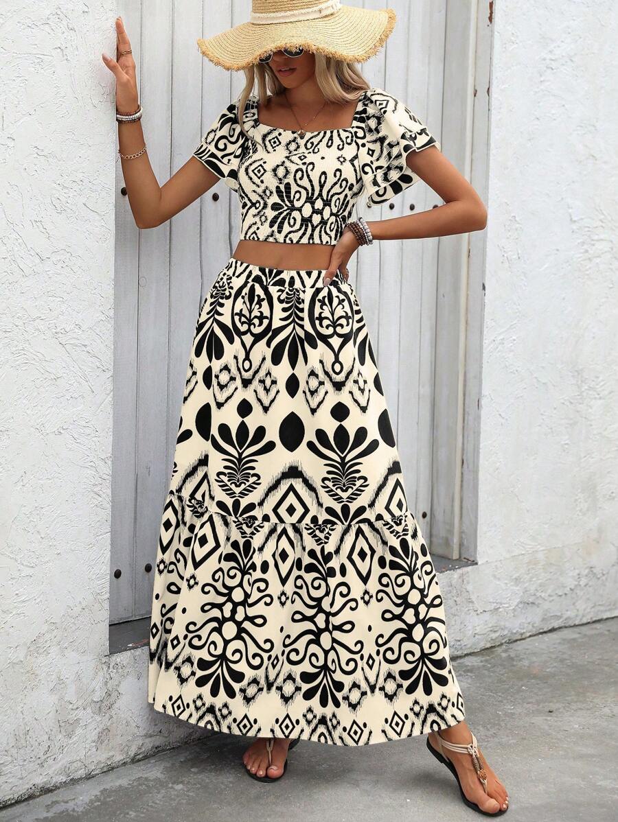 Breezaya 2pcs Women Holiday Plant Print Ruffle Sleeve Shirt & Skirt Set Mensa