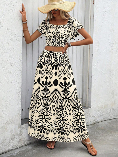Breezaya 2pcs Women Holiday Plant Print Ruffle Sleeve Shirt & Skirt Set Mensa