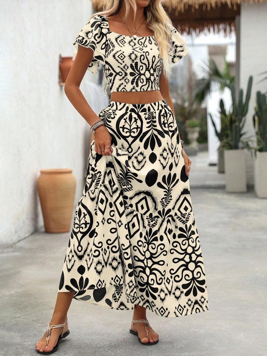Breezaya 2pcs Women Holiday Plant Print Ruffle Sleeve Shirt & Skirt Set Mensa