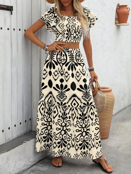 Breezaya 2pcs Women Holiday Plant Print Ruffle Sleeve Shirt & Skirt Set Mensa