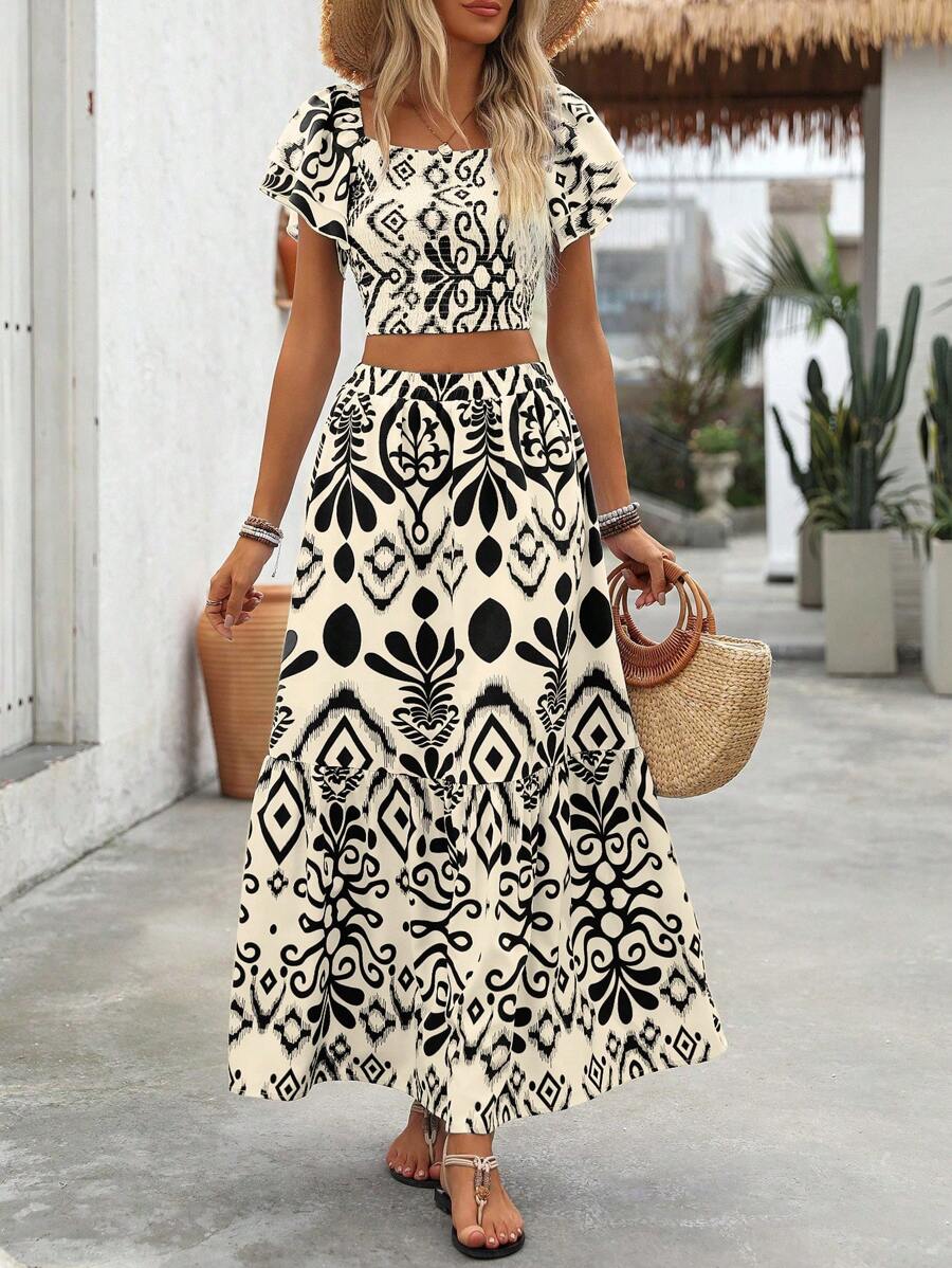 Breezaya 2pcs Women Holiday Plant Print Ruffle Sleeve Shirt & Skirt Set Mensa