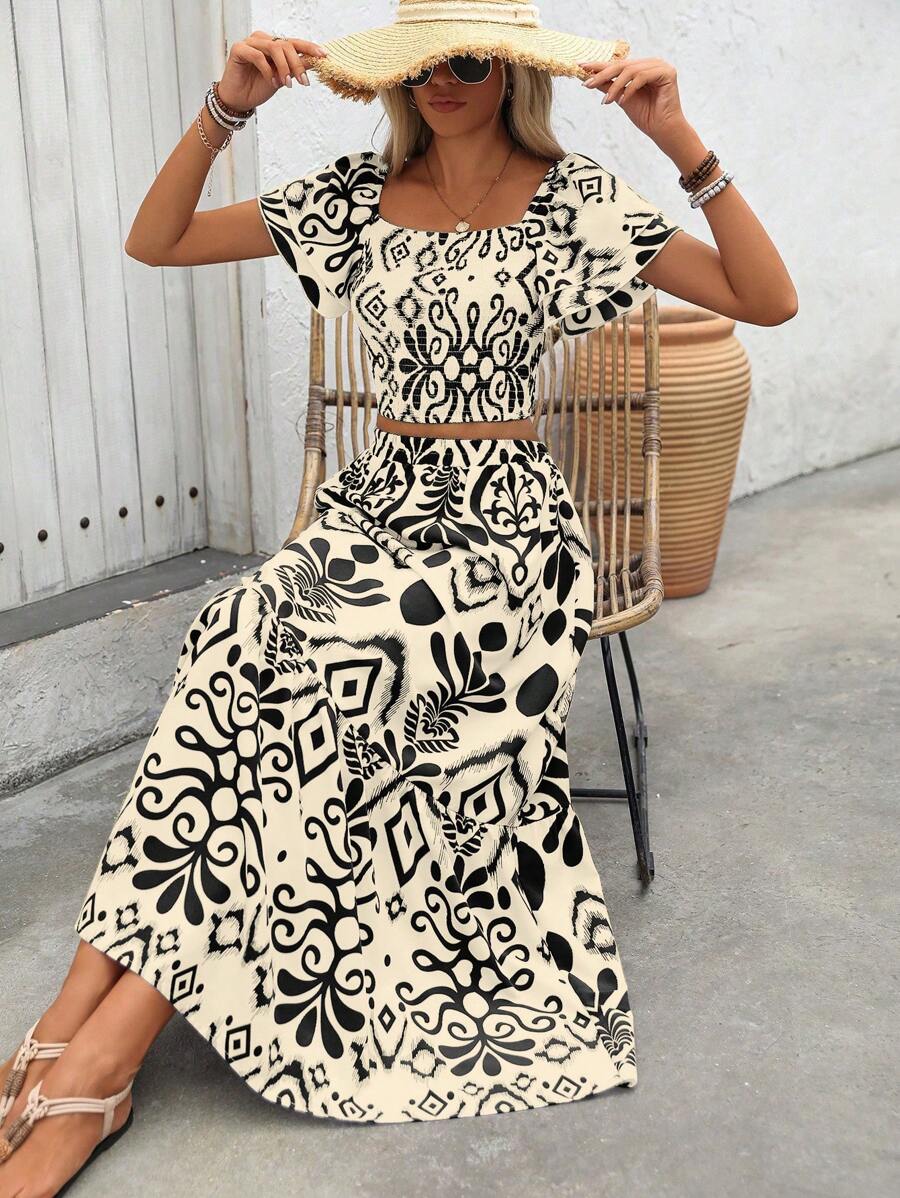 Breezaya 2pcs Women Holiday Plant Print Ruffle Sleeve Shirt & Skirt Set Mensa
