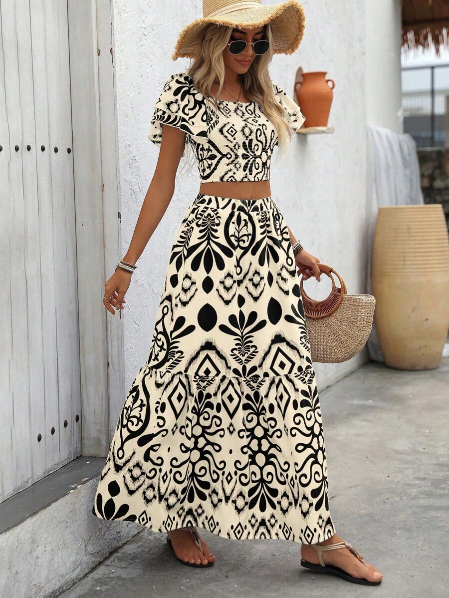 Breezaya 2pcs Women Holiday Plant Print Ruffle Sleeve Shirt & Skirt Set Mensa