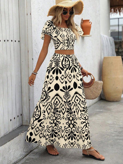 Breezaya 2pcs Women Holiday Plant Print Ruffle Sleeve Shirt & Skirt Set Mensa