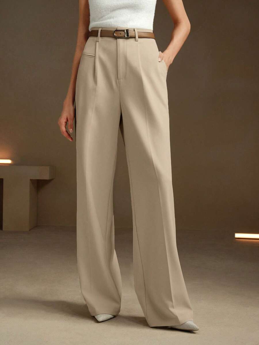 Women's Belted Straight Leg Suit Trousers, Stretch Dress Pants for Work Office - Bronze