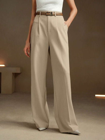 Women's Belted Straight Leg Suit Trousers, Stretch Dress Pants for Work Office - Bronze