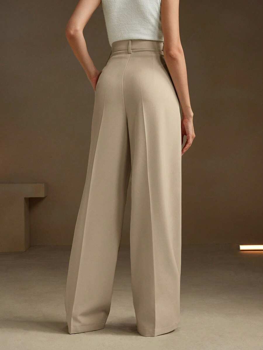 Women's Belted Straight Leg Suit Trousers, Stretch Dress Pants for Work Office - Burgundy