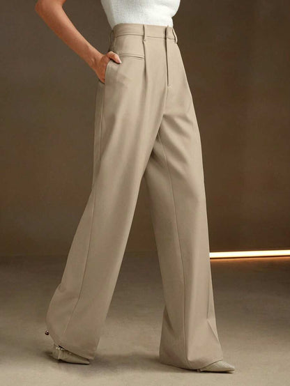 Women's Belted Straight Leg Suit Trousers, Stretch Dress Pants for Work Office - Ginger