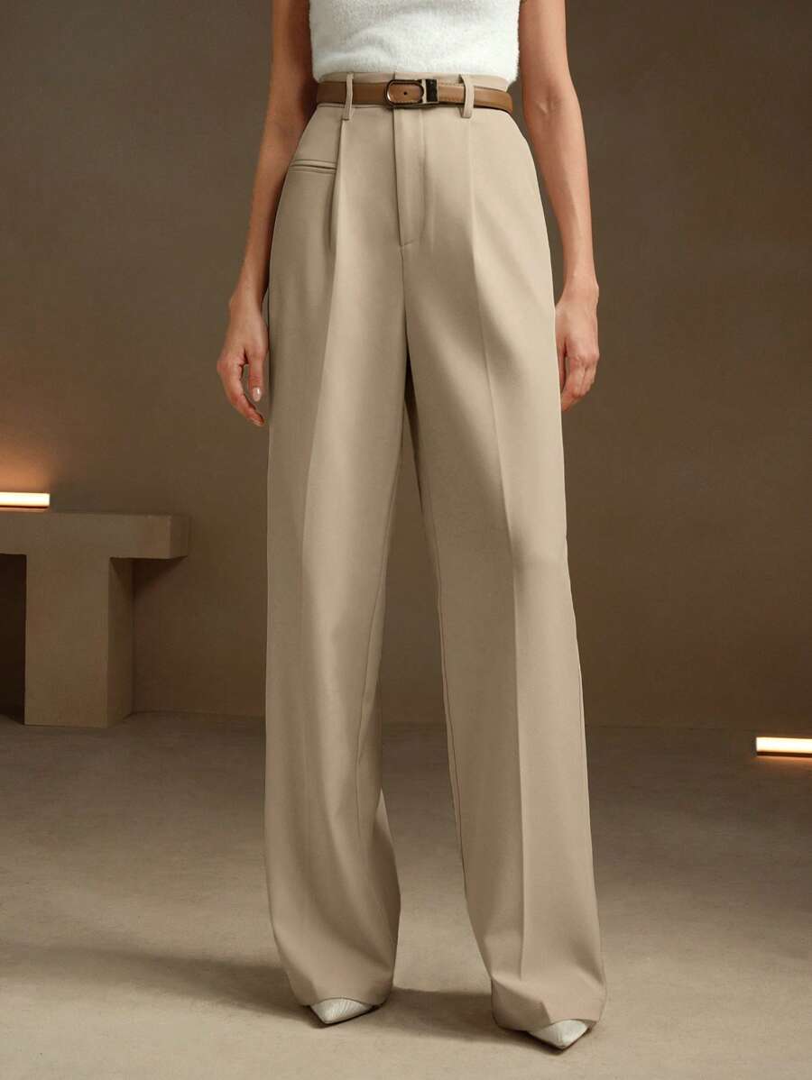 Women's Belted Straight Leg Suit Trousers, Stretch Dress Pants for Work Office - Grey