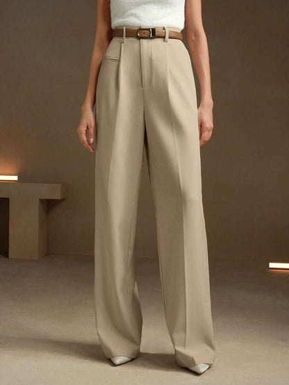 Women's Belted Straight Leg Suit Trousers, Stretch Dress Pants for Work Office - Grey