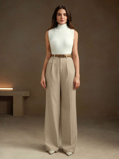 Women's Belted Straight Leg Suit Trousers, Stretch Dress Pants for Work Office - Khaki