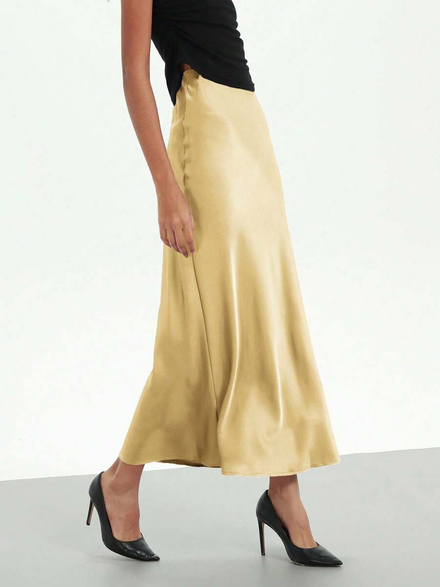 Rosabel Silky Satin Elastic Waist Maxi Slip Skirt - Butter Yellow