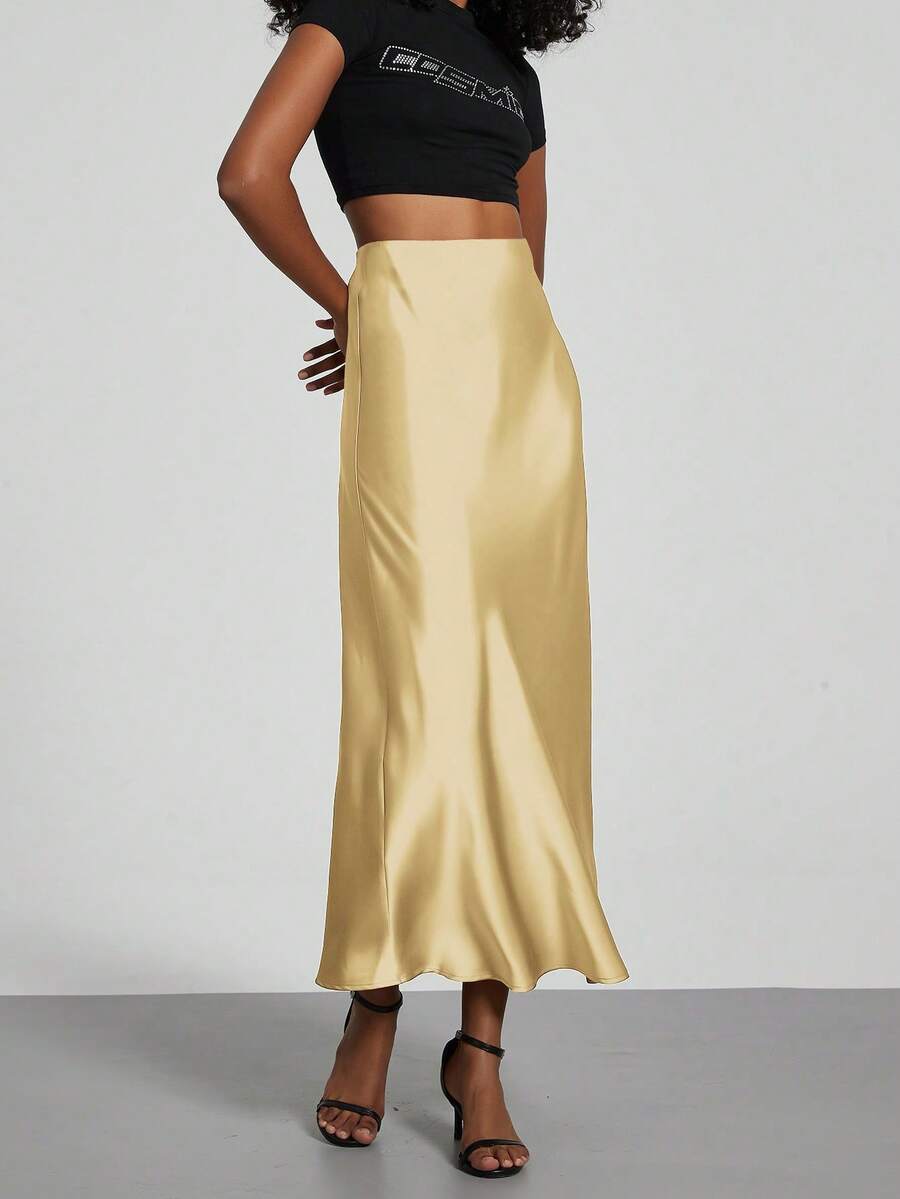 Rosabel Silky Satin Elastic Waist Maxi Slip Skirt - Butter Yellow