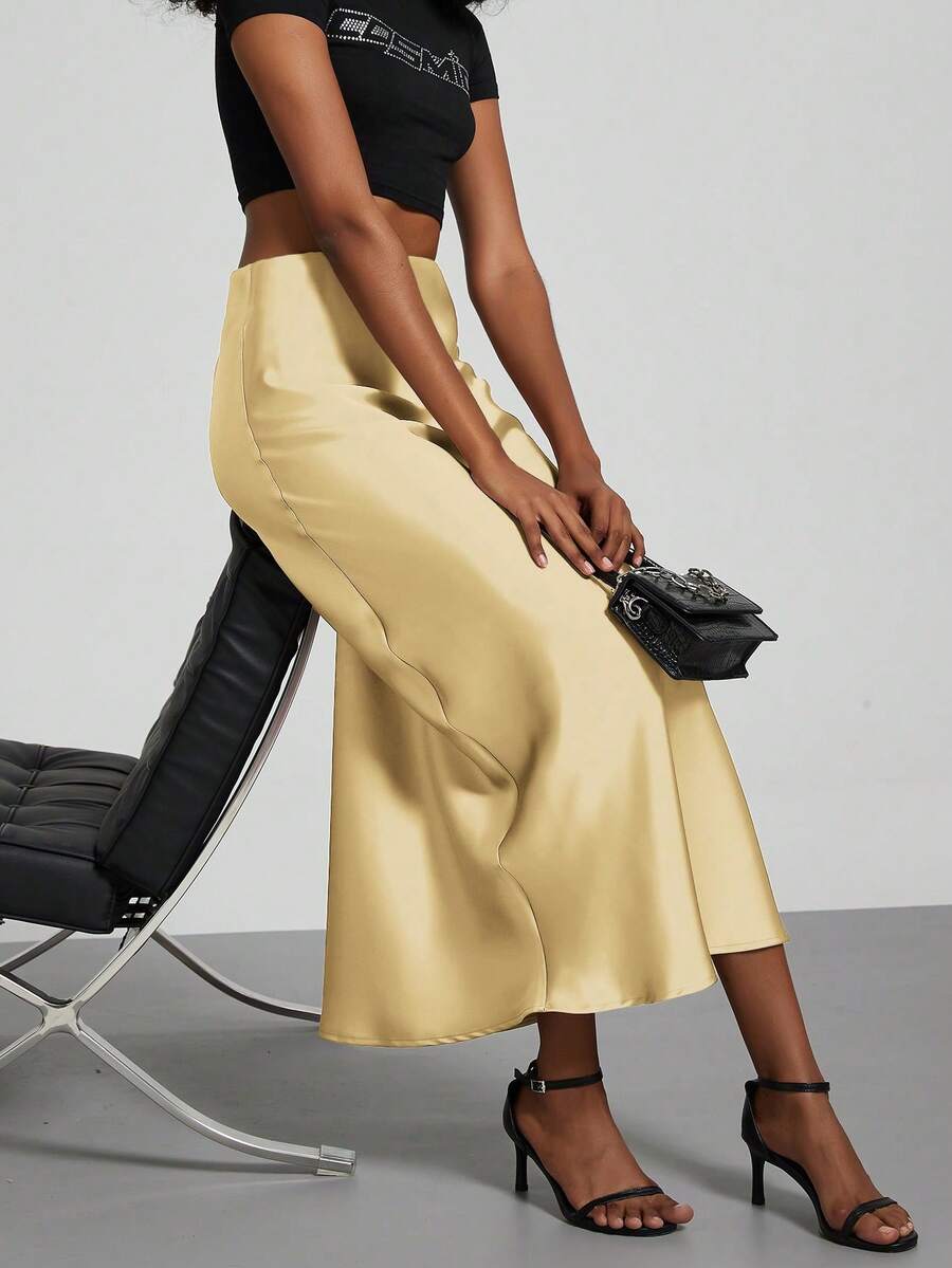 Rosabel Silky Satin Elastic Waist Maxi Slip Skirt - Butter Yellow