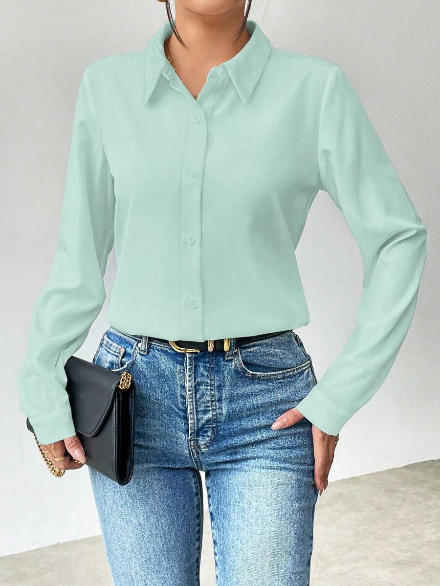 Pia Button Front Long Sleeve Blouse Classic Collared Shirt - Mint Green
