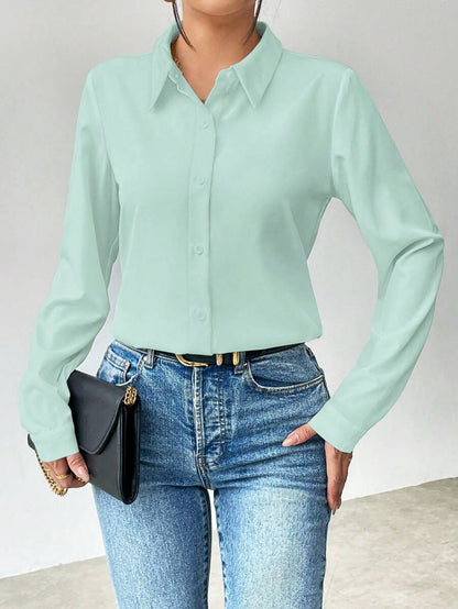 Pia Button Front Long Sleeve Blouse Classic Collared Shirt - Mint Green