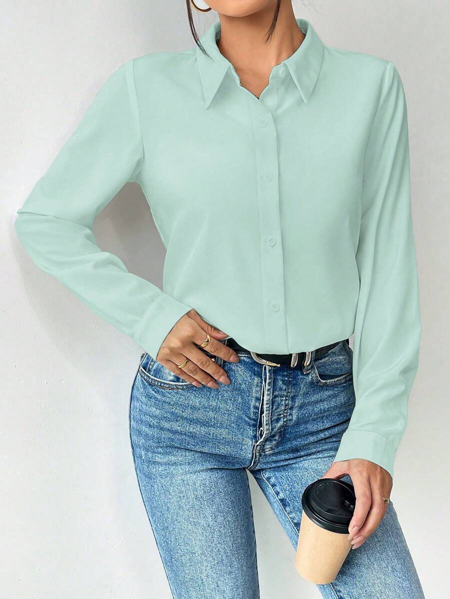 Pia Button Front Long Sleeve Blouse Classic Collared Shirt - Mint Green