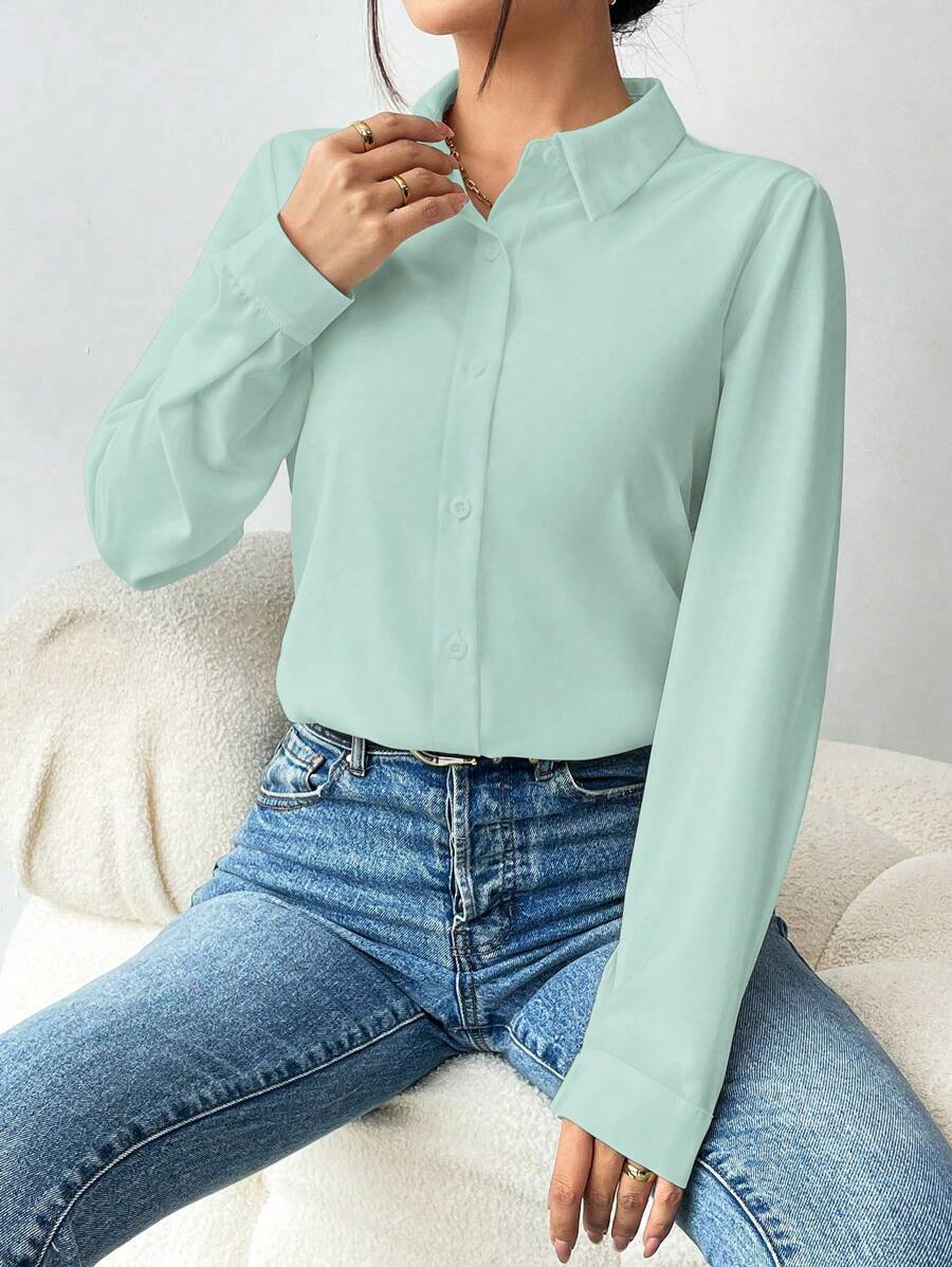 Pia Button Front Long Sleeve Blouse Classic Collared Shirt - Mint Green